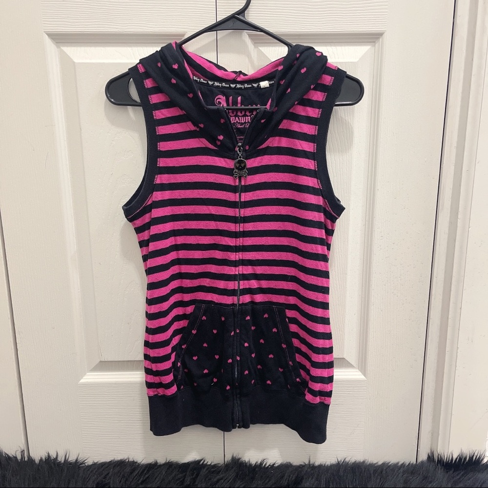 L | Abbey Dawn Pink & Black Stripe Zip Up Vest w/ Hoodie